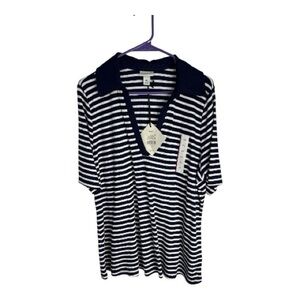 Ava & Viv Women’s Preppy Sporty Navy and White Striped V-Neck Top Size XXL NWT